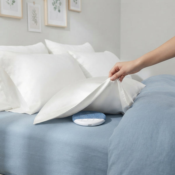 A slim Bluetooth pillow speaker tucked discreetly under a white silk pillowcase on a bed with dusty blue bedding.
